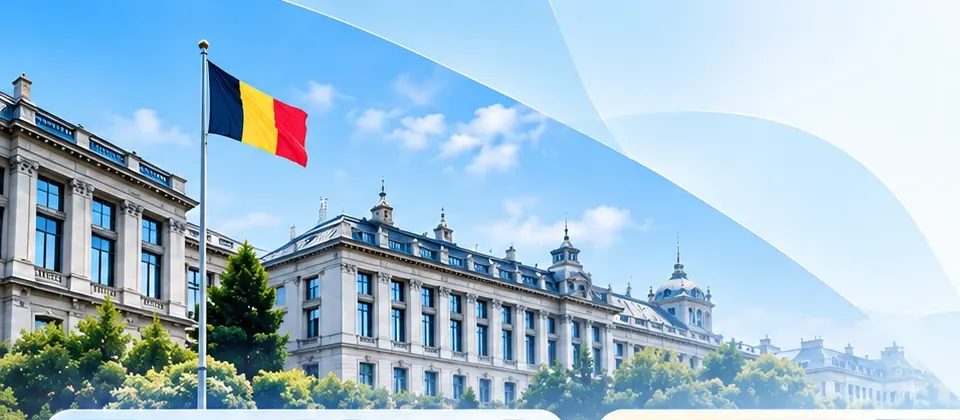 Bâtiment institutionnel belge et drapeau belge sous un ciel bleu
